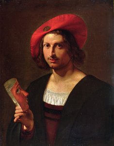 Portrait of a Young Man wearing a Hat with a Badge, holding a Mask by Pietro Paolini