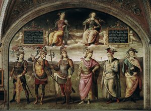 Strength and temperance with six ancient heroes. On the left self-portrait of the artist in trompe-l