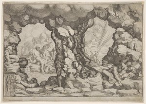A giant heaving a boulder at center, other giants to left and right struggling and rec... by Pietro Santi Bartoli