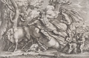 Io at the left as a cow, Jupiter on a cloud in the centre and Juno at the right, 1650-90