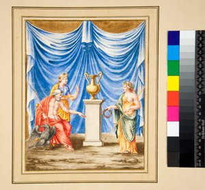 Jupiter sitting to the left with an Eagle and a Female Figure