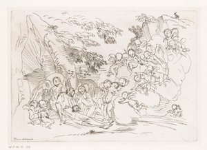 Man with Cross Lying Against Rock, Surrounded by Angels