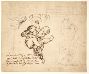 Study for Two Playing Putti, Leaves and a Draped Figure with an Urn by Pietro Testa