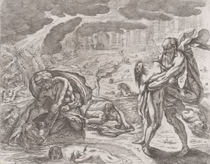 The deluge, figures being pulled from the water