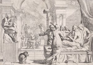The Prodigal Son Seated on a Couch Being Served Wine, Revelers in the Background by Pietro Testa