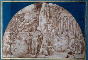 Astronomy allegory. Scientists are taking measurements on Earth globes