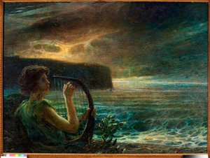 Full Moon, Tribute to a Feminine Deity, Playing Lyre in a Seascape with Stormy Sky by Plinio Nomellini
