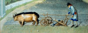 March: snow Agricultural work, peasant plowing a field (detail)