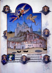 View of Mont Saint Michel: the archangel Saint Michel and the dragon wing fighting in the air