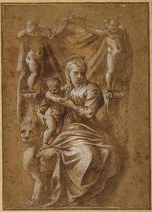 The Madonna and Child enthroned by Polidoro da (follower of) Caravaggio