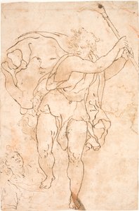 Man Swinging a Pickaxe. With a Flowing Cape, Bearing Summary Facial Features. At His Feet, the Upper Body of a Young Man.