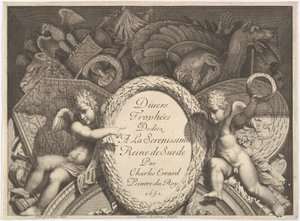 Title page of Divers Trophées Weapon Trophies after the Façade of Palazzo Milesi in Rome, 1651 by Polidoro da Caravaggio