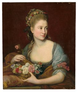 Portrait of a lady as Flora, half-length, holding a wicker basket of flowers by Pompeo Girolamo Batoni