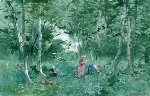 Elegant Ladies Picking Flowers in a Wood