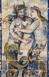 Azulejos tiles in the palace gardens depicting sea creatures by Portuguese School
