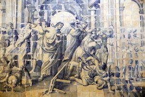 Church of Mercy. Azulejos. The cleansing of the Temple narrative. Jesus. Evora. Portugal.