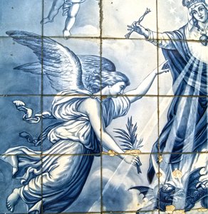 Decorative panel showing the archangel Gabriel and the Virgin Mary crushing a winged Serpent, Lamego, Portugal. 1738