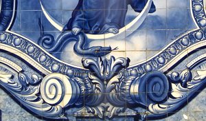 Detail of a decorative panel showing the Virgin Mary crushing the Serpent, Lamego, Portugal. 1738