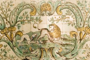 Majolica depicting tiles of a dog chasing a lion, from The Hunting Room at Palacio da Praia, Belem, c.1680