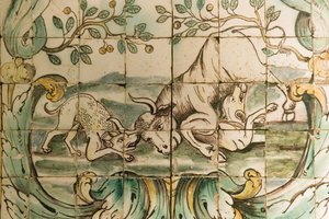 Majolica tiles depicting dogs attacking a bull, from The Hunting Room at Palacio da Praia, Belem, c.1680