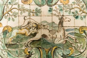 Majolica tiles depicting dogs chasing a deer from The Hunting Room at Palacio da Praia, Belem, c.1680