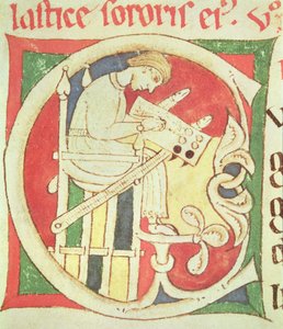Historiated initial C depicting a monk writing, from Vitae Sanctorum, Santa Cruz de Coimbra by Portuguese School