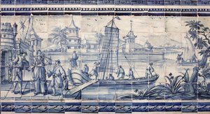 Scene on the banks of a river in Asia - Azulejos, painted faience by Portuguese School
