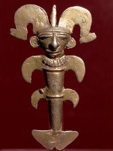 Precolombian art, Quimbaya civilization: anthropomorphic pendant in gold. 400-1400 AD. Bogota, Museo de Oro, Colombia by Pre Columbian Pre Columbian