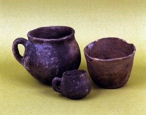 Vase and vessels of the Hunseans population of Lagozza (3100 BC - 2200 BC) of Northern Italy. Neolithic period.