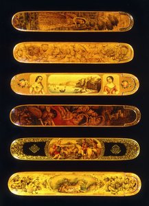 Six Papier Mache Polychrome Lacquer Qalamdans