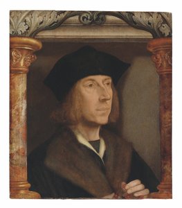 Portrait of gentleman, bust-length, in a fur-lined coat, telling a rosary, set in an architectural surround by Quentin Massys or Metsys