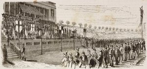 Awarding prizes to winners of national shooting competition in Milan, Italy, engraving by Quinto Cenni from L