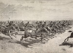 Horse Artillery of the Italian Army passing at full gallop, Lombardy, Italy, engraving from a drawing by Quinto Cenni, from L