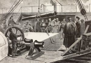 Italian sailors and officers setting ship Gottardo, Italian expedition in Red Sea, Palermo, Italy, engraving from drawing by Quinto Cenni and sketch by Dante Paolocci, from L