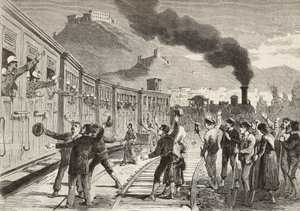 Men and women saying goodbye to Italian soldiers leaving from Cassino railway station, Italy by Quinto Cenni