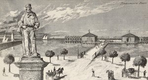 Monument in memory of Giuseppe Garibaldi, Italian politician and patriot, and bathing establishment in the background, Cesenatico, Italy by Quinto Cenni