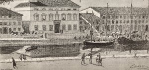 The town hall and the harbor canal, Cesenatico, Italy, engraving from a drawing by Quinto Cenni and a sketch by Ulisse Topi, from L