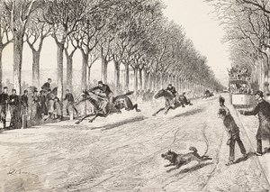 Three resistance officers participating in horse race, Third Savoy regiment, between Milan and Monza, Italy, engraving from drawing by Quinto Cena, from L