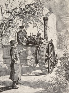 Two Italian military engineers on road locomotive, in their new uniforms, engraving from drawing by Quinto Cenni, from L