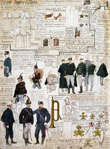 Uniforms of Kingdom of Italy between 1896 - 1897, plate from Cenni Codex, collection of military sketches by Quinto Cenni