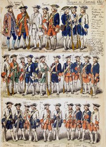 Uniforms of troops of Kingdom of Piedmont in 1744, plate taken from Cenni Codex, collection of military sketches drawn by Quinto Cenni by Quinto Cenni