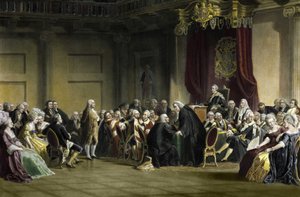 Benjamin Franklin (1706-1790), American philosopher, physicist, and statesman before the Lords of the Privy Council, Whitehall Chapel, London by R. Whitechurch