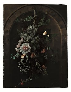 A Swag of Grapes, Hollyhocks, Irises, Mallow, African Marigolds, Clematis, a Horse Chestnut and Blackberries with Butterflies and Other Insects Suspended Before a Stone Arch by Rachel Ruysch