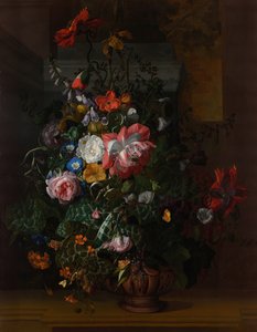 Roses, Convolvulus, Poppies, and Other Flowers in an Urn on a Stone Ledge by Rachel Ruysch