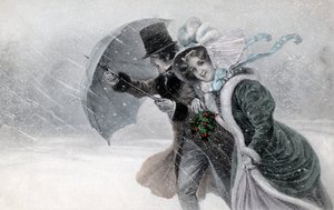 Couple in a snow storm with umbrella end of 19th/beginning of 20th century