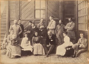 Shimla 17th May 1887: Viceregal party. Lord William Beresford, Military Secretary, Captain Leonard Gordon A.D.C., Mademoiselle Clerc, The Honorable Basit Blackwood, Major F. R. Hamilton A.D.C., Mr. Oglivie Grant, Sir Donald Mackenzie Wallace K.C.E., Privat