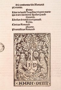 Page of the Codex "De Laudibus Beatissimae Virginis Mariae" by Ramon Llull, depicting two lions holding the coat of arms of the printer Jehan Petit by Ramon Llull