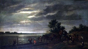 A Carriage and Horses Entering a Ferry Boat on the River Leck in Holland at Night by Ramsay Richard Reinagle