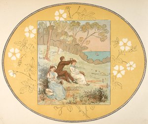 Two Women and a Man Sitting in a Clearing Near the Coast. Floral Border. by Randolph Caldecott