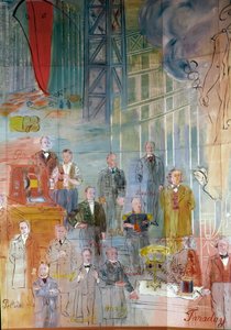 The Electric Fairy, detail: Portraits of different intellectuals and scientists: Antonio Pacinotti, Zenobe Gram, Josiah Willard Gibbs, Charles Algernon Parsons, Marc Seguin, Auguste Camille Rateau, Jean Victor Celet and Michael Faraday. 1937